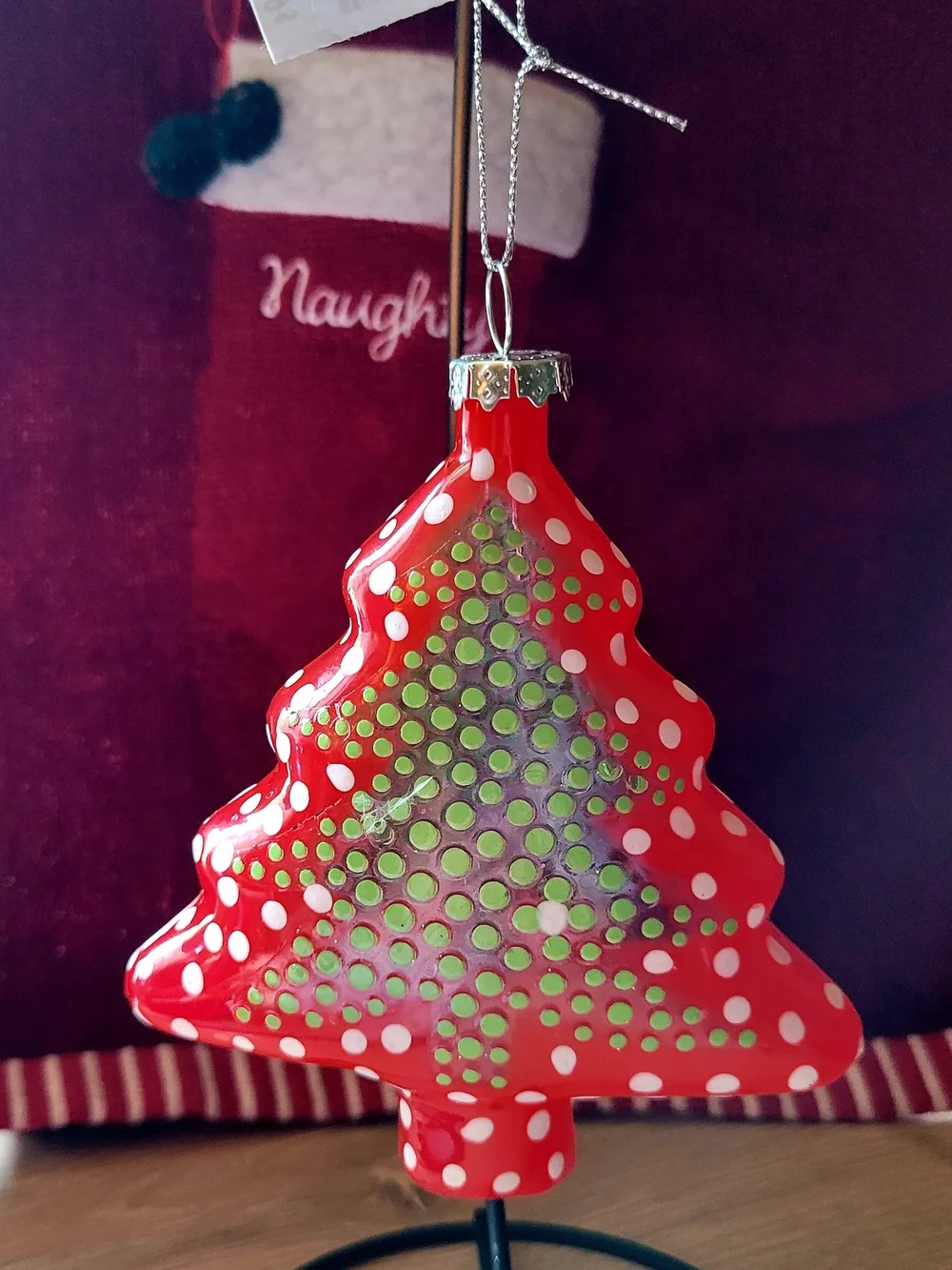 Pier 1 Red and Green Polka Dot Glass Christmas Tree Ornament